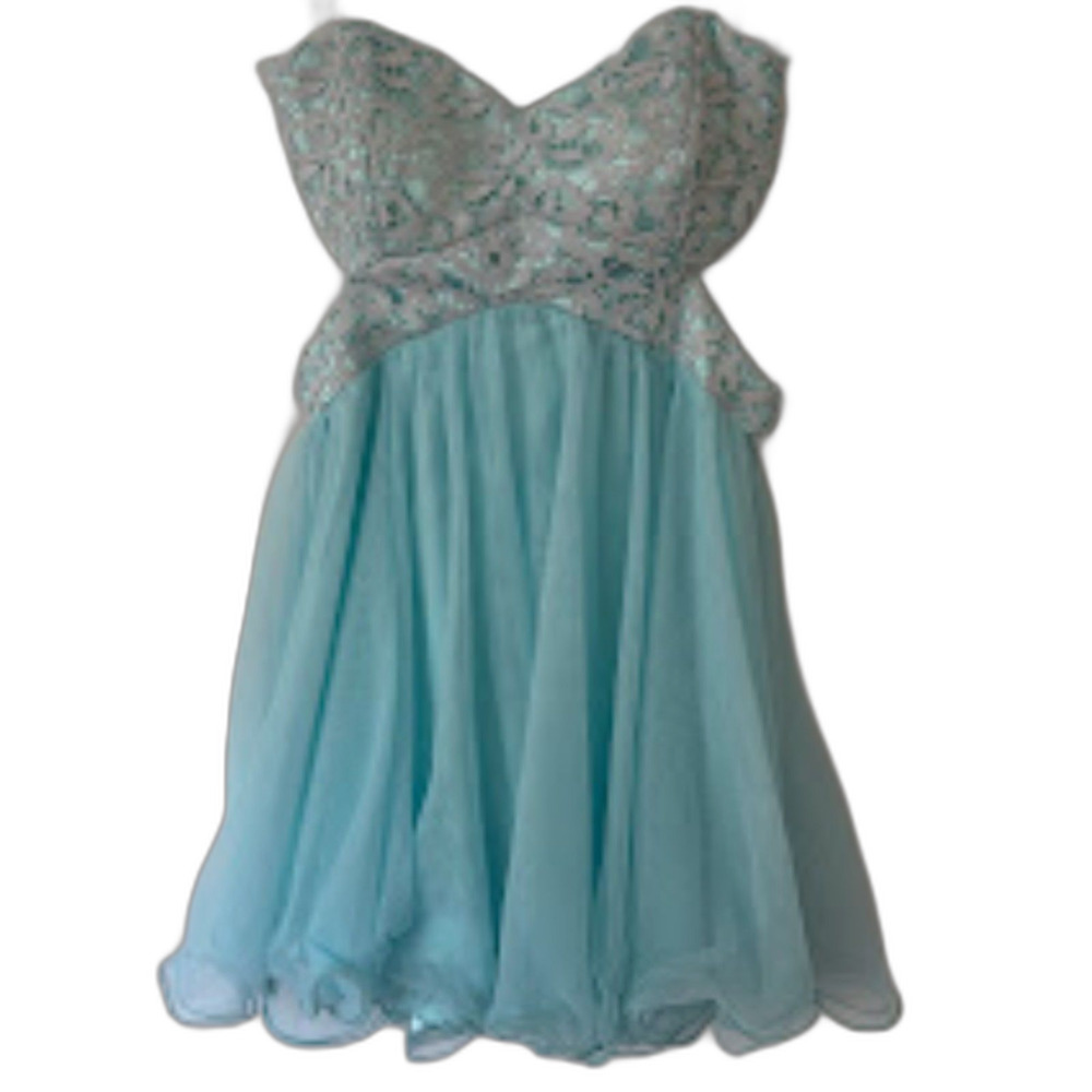 Y2K Deb Small Light Blue Strapless Mini Dress Lace Tulle Cutout Sides Prom